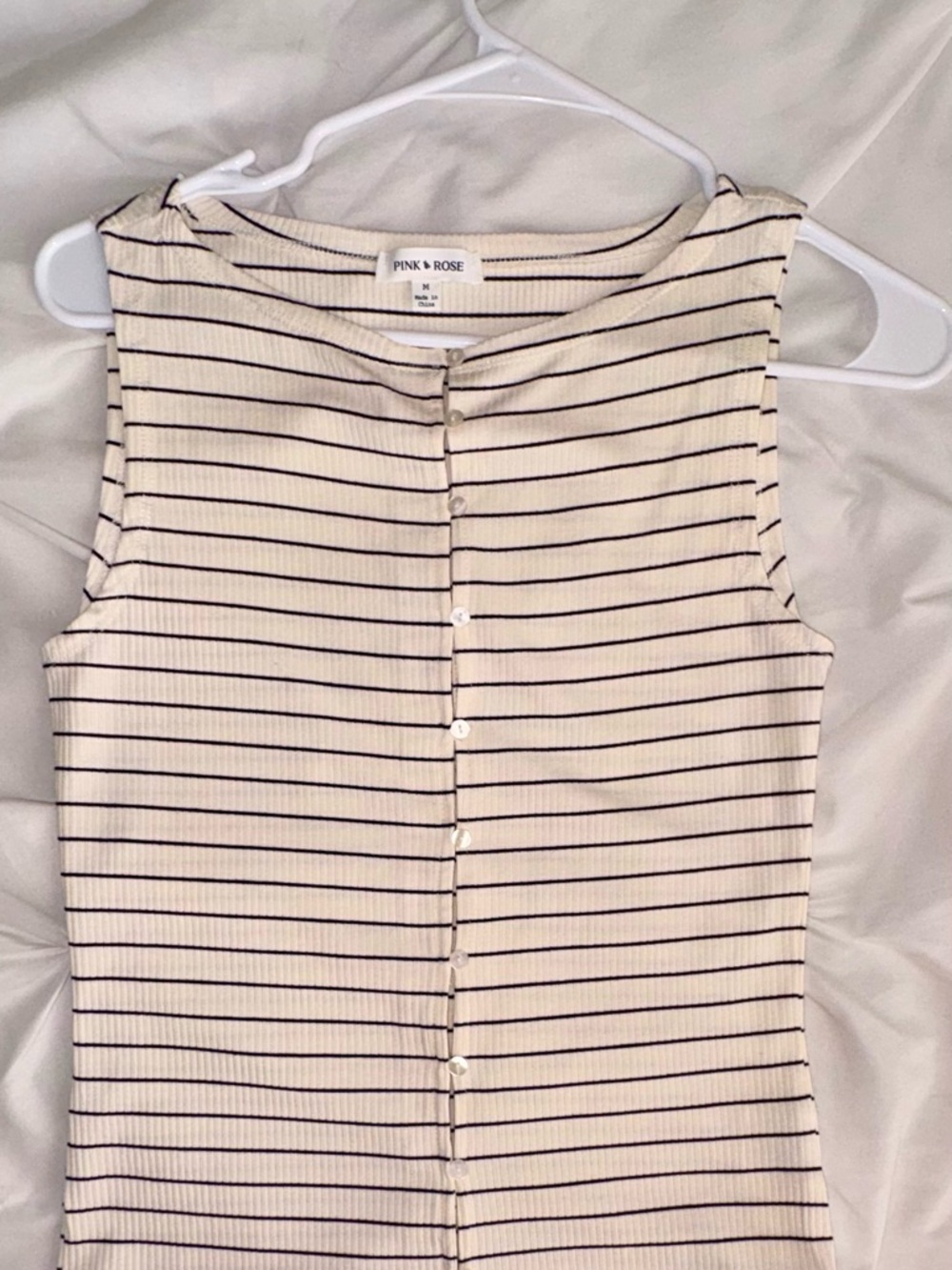 Pink Rose Cream Ribbed Tank with Navy Stripes and Front Buttons